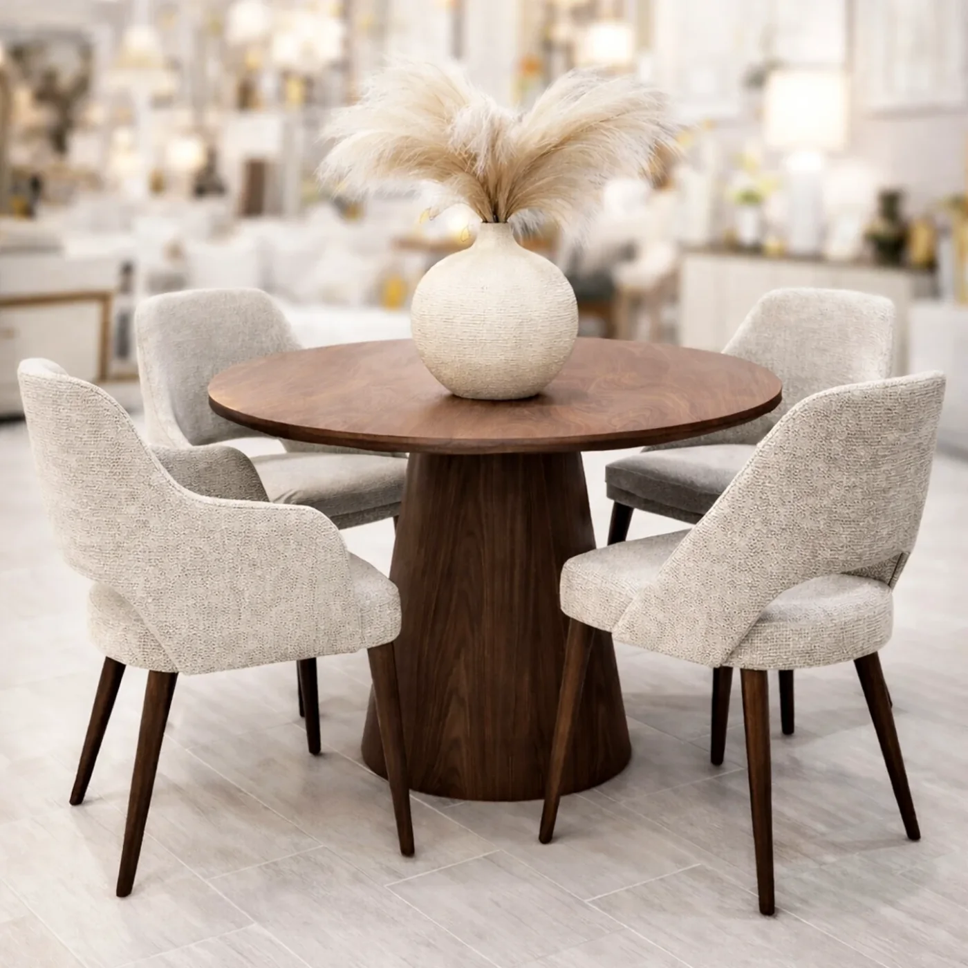 Mesa redonda Wood em madeira com cadeiras Craft estofadas, apresentada pela Arcoazul
